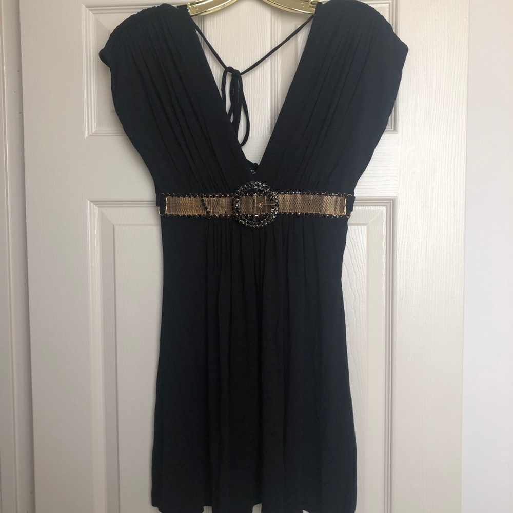 Sky blk deep v neck w mesh belt + black crystals M
